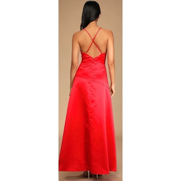 Lulu’s Maxi Red Satin Formal Dress Size Medium NWT - Picture 2 of 12